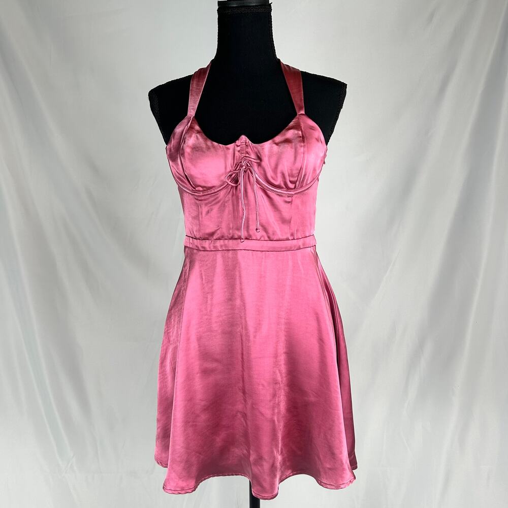 For Love & Lemons Satin Halter Mini Dress in Pink